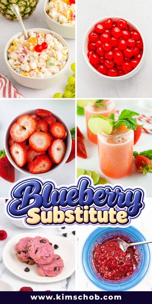 Fruit salad, cherries, sliced strawberries, juice, cookies, and jam.