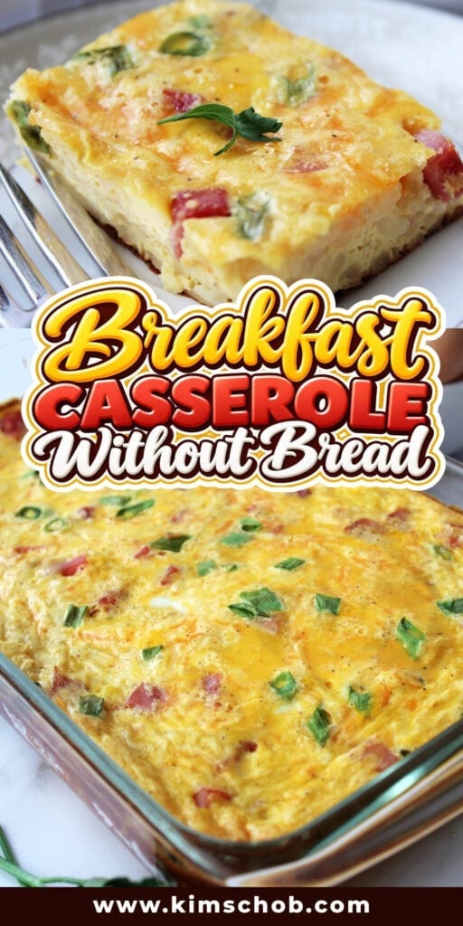 Breakfast casserole with meat and vegetables in a baking dish.