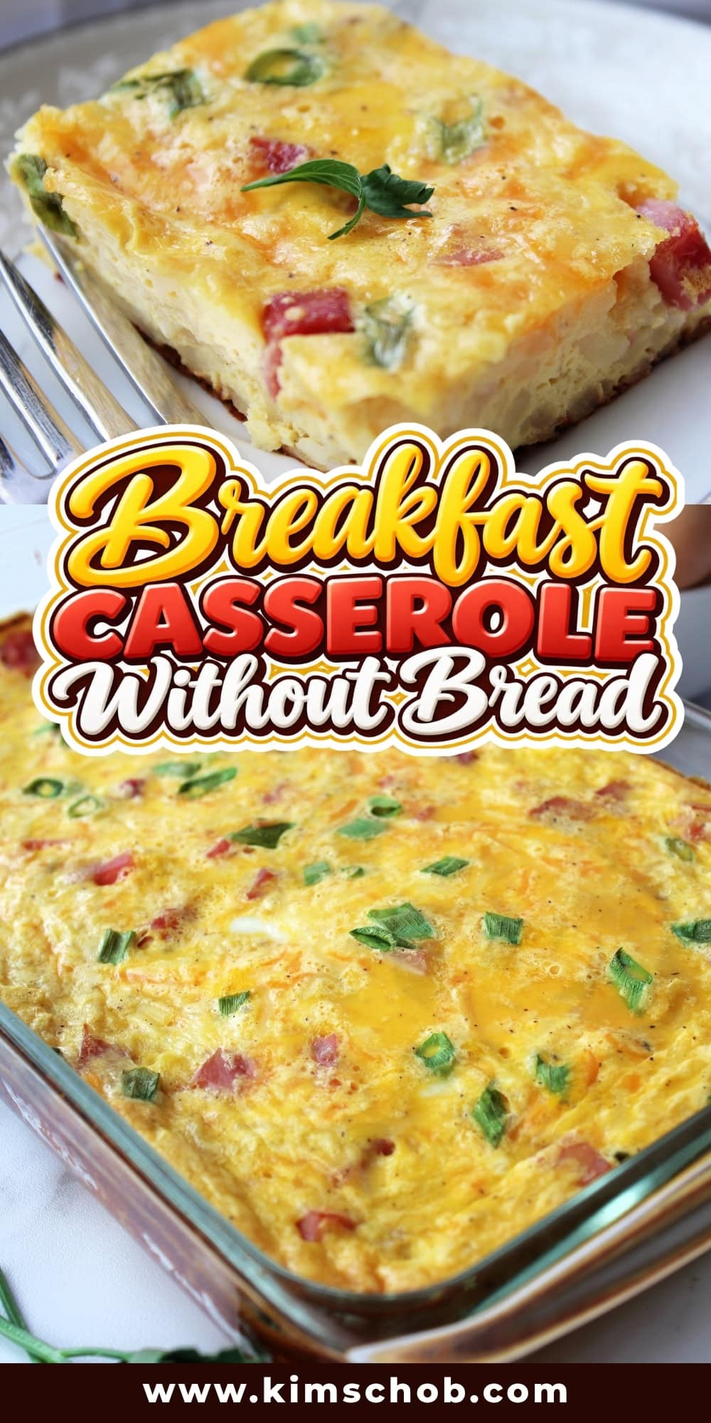 Breakfast casserole with meat and vegetables in a baking dish.