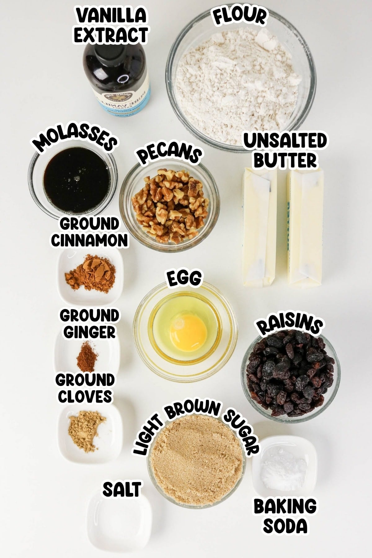 Ingredients for a recipe labeled with their names on a white surface.