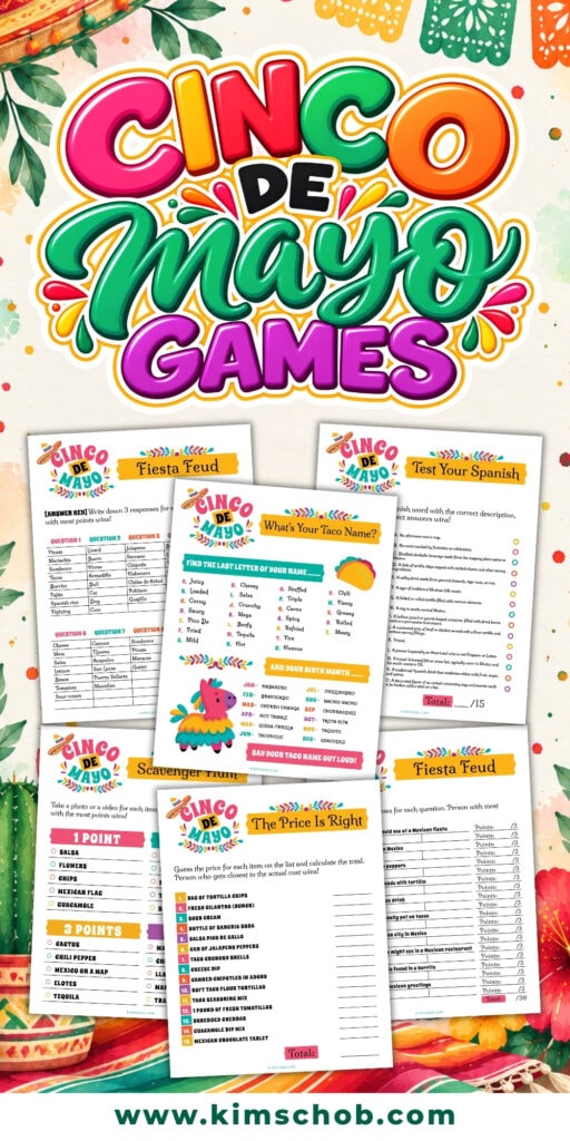 Colorful Cinco de Mayo games sheets with festive decorations around the border.