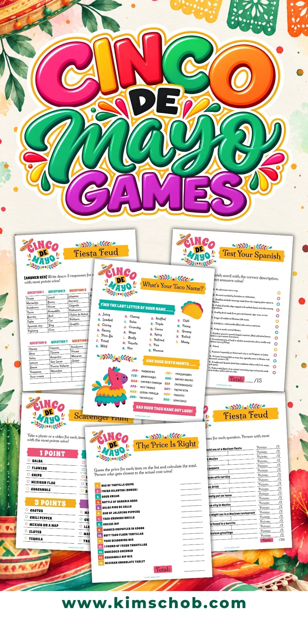 Colorful Cinco de Mayo games sheets with festive decorations around the border.