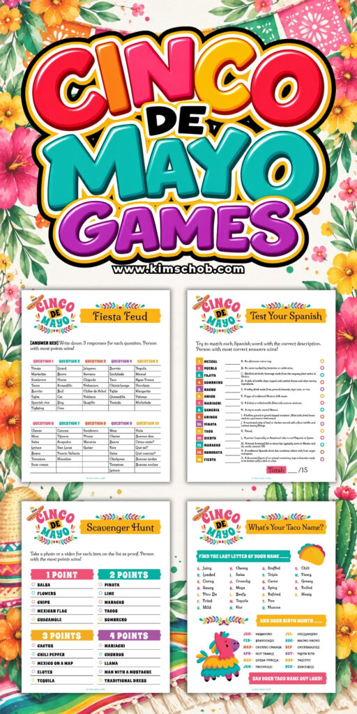 Colorful Cinco de Mayo games and activities with floral borders.
