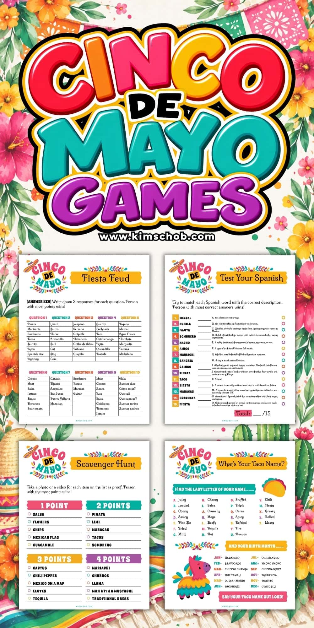 Colorful Cinco de Mayo games and activities with floral borders.