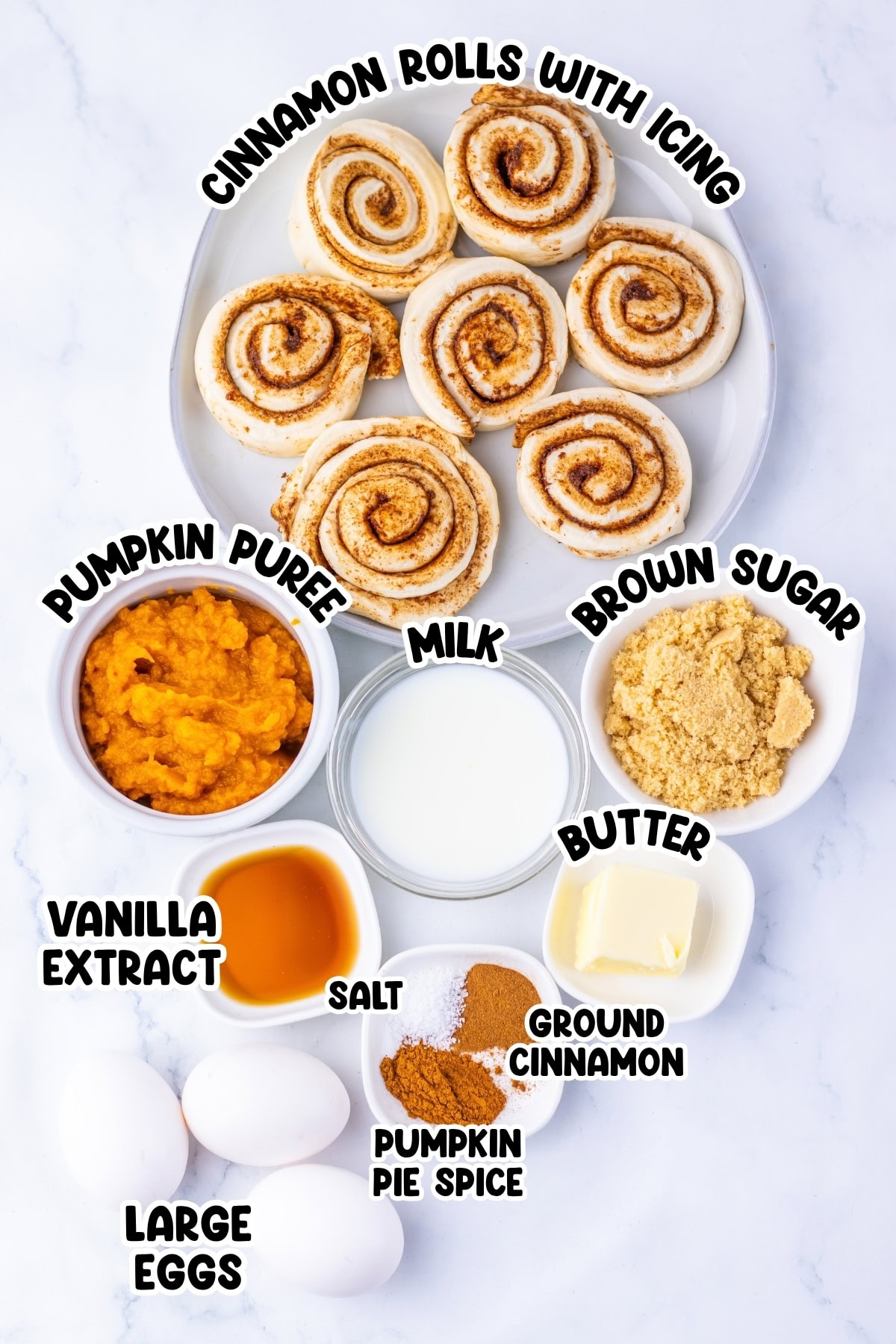 Ingredients for cinnamon rolls with labels for each item.