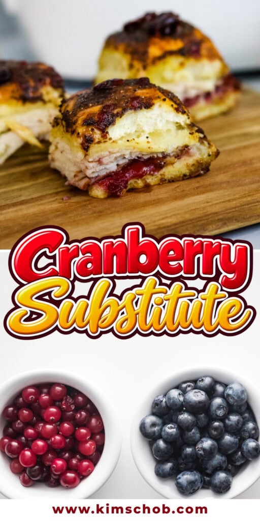 Turkey sliders with cranberry, and bowls of cranberries and blueberries.