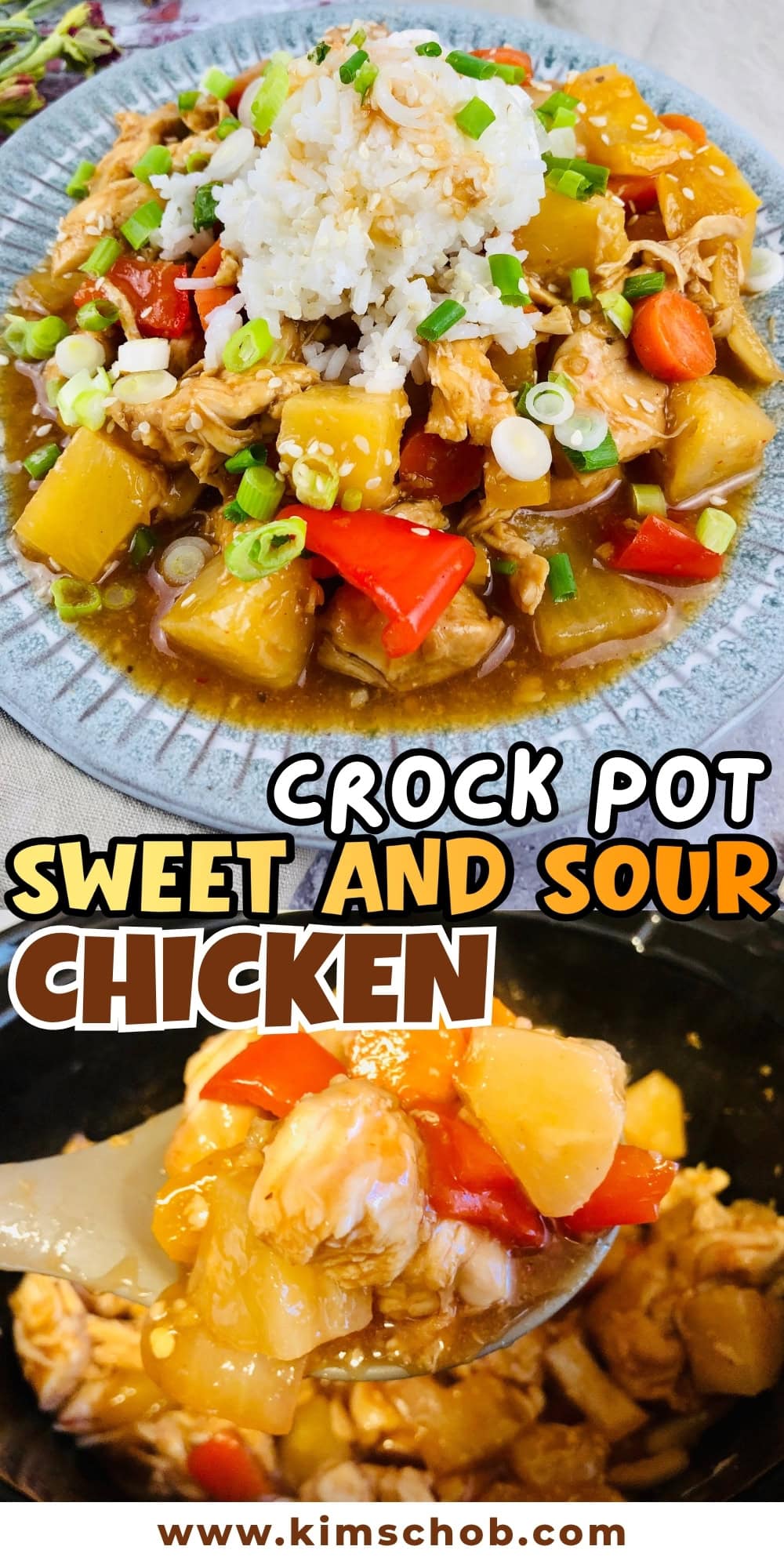 Plate of sweet and sour chicken with rice, bell peppers, and pineapple chunks.