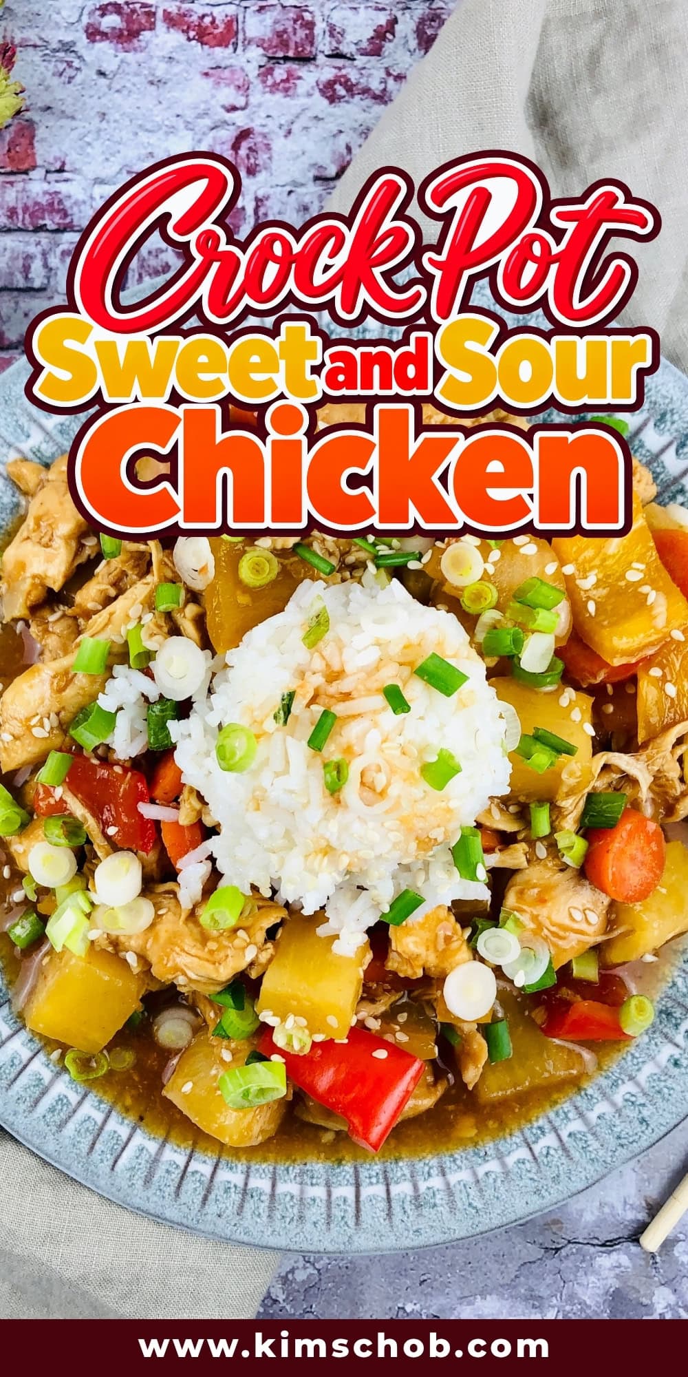 Plate of sweet and sour chicken with rice, bell peppers, and pineapple chunks.