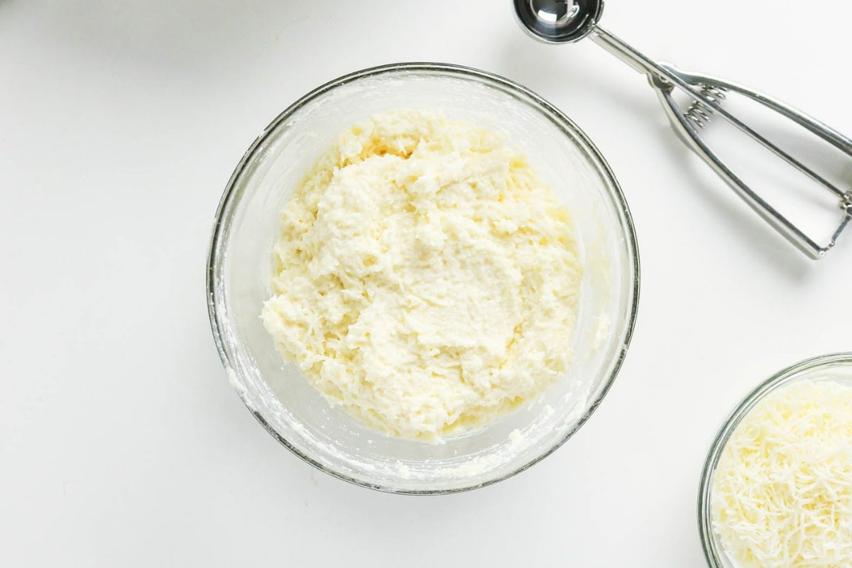 Bowl of creamy mixture with a scoop and a bowl of shredded cheese.