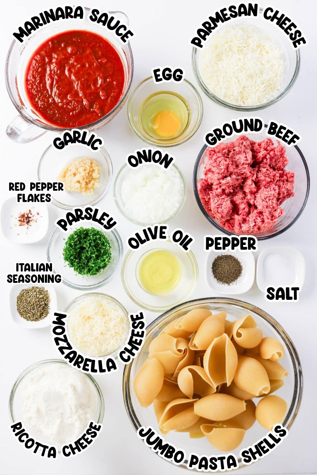 Ingredients for stuffed pasta shells with labels for each item.