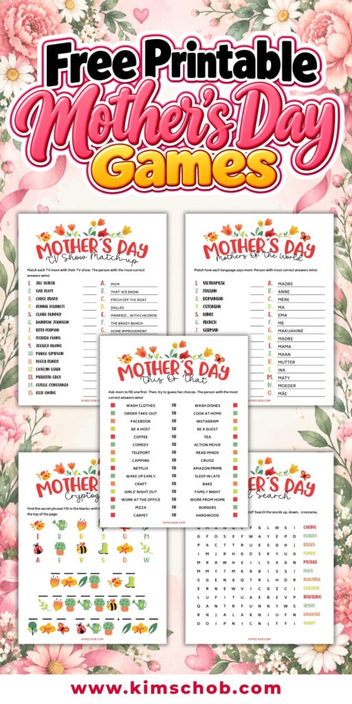 Mothers Day themed printable games displayed on a floral background.