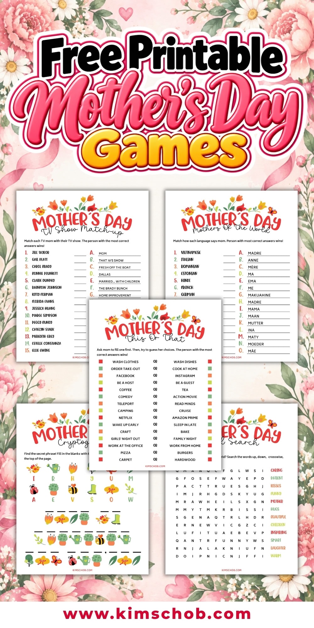 Mothers Day themed printable games displayed on a floral background.
