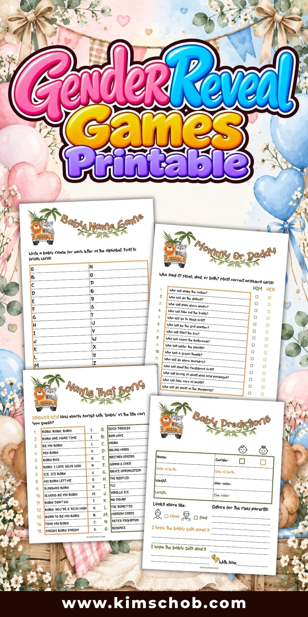 Colorful Gender Reveal Games Printable sign with four baby shower game sheets.