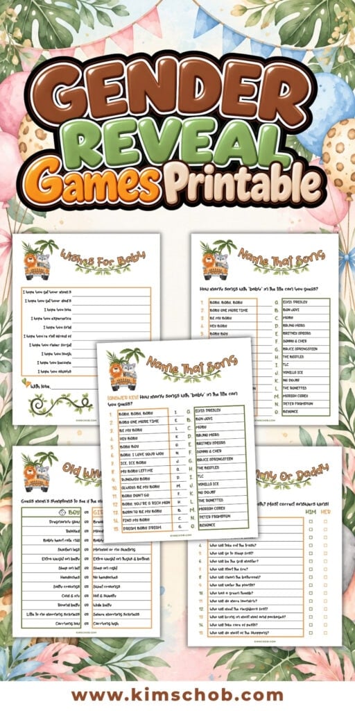 Gender reveal party printable games sheet with floral and tropical designs.