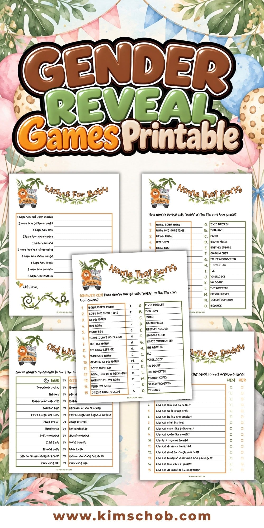 Gender reveal party printable games sheet with floral and tropical designs.