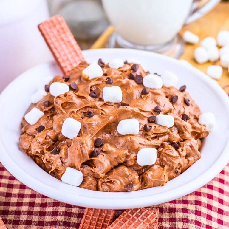 A bowl of chocolate dip topped with marshmallows and chocolate chips.