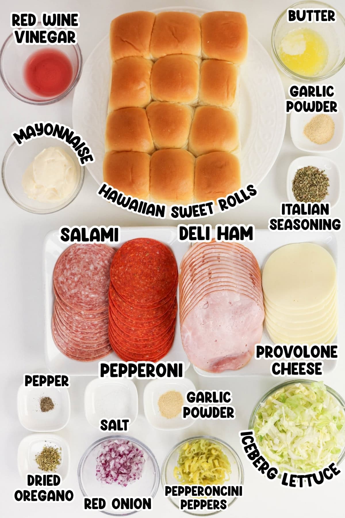 Hawaiian rolls, mayo, ham, salami, pepperoni, provolone, lettuce, onion, peppers.