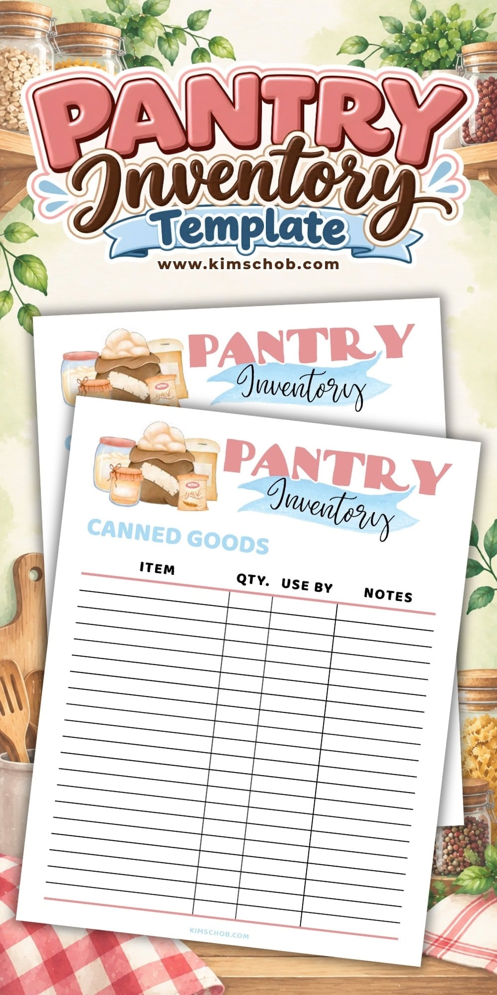 Pantry inventory printable template with columns for item, quantity, and dates.
