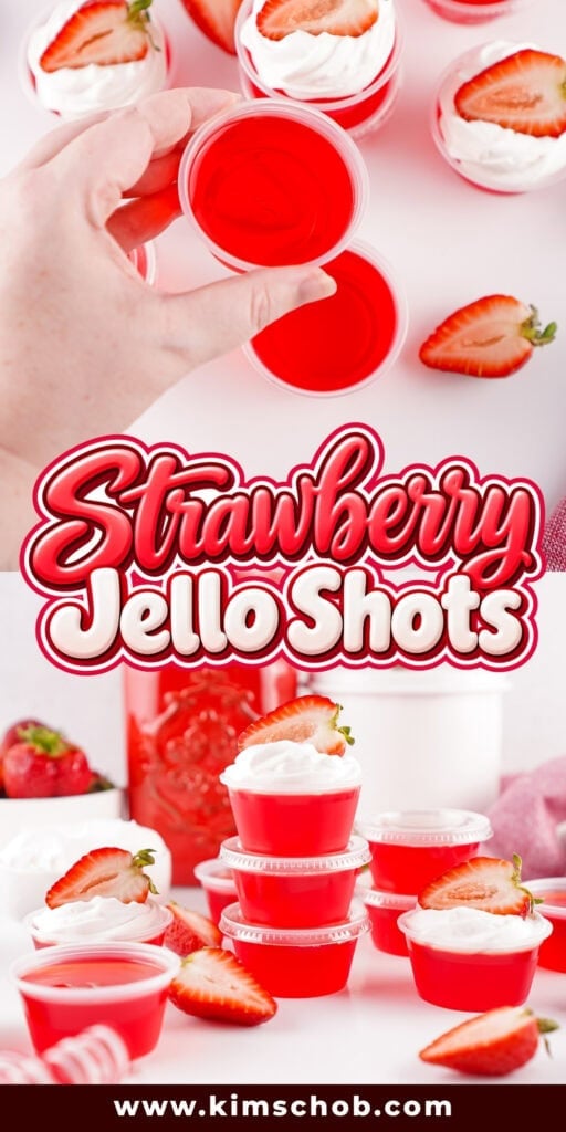 Strawberry Jello shots topped with whipped cream and fresh strawberry slices.