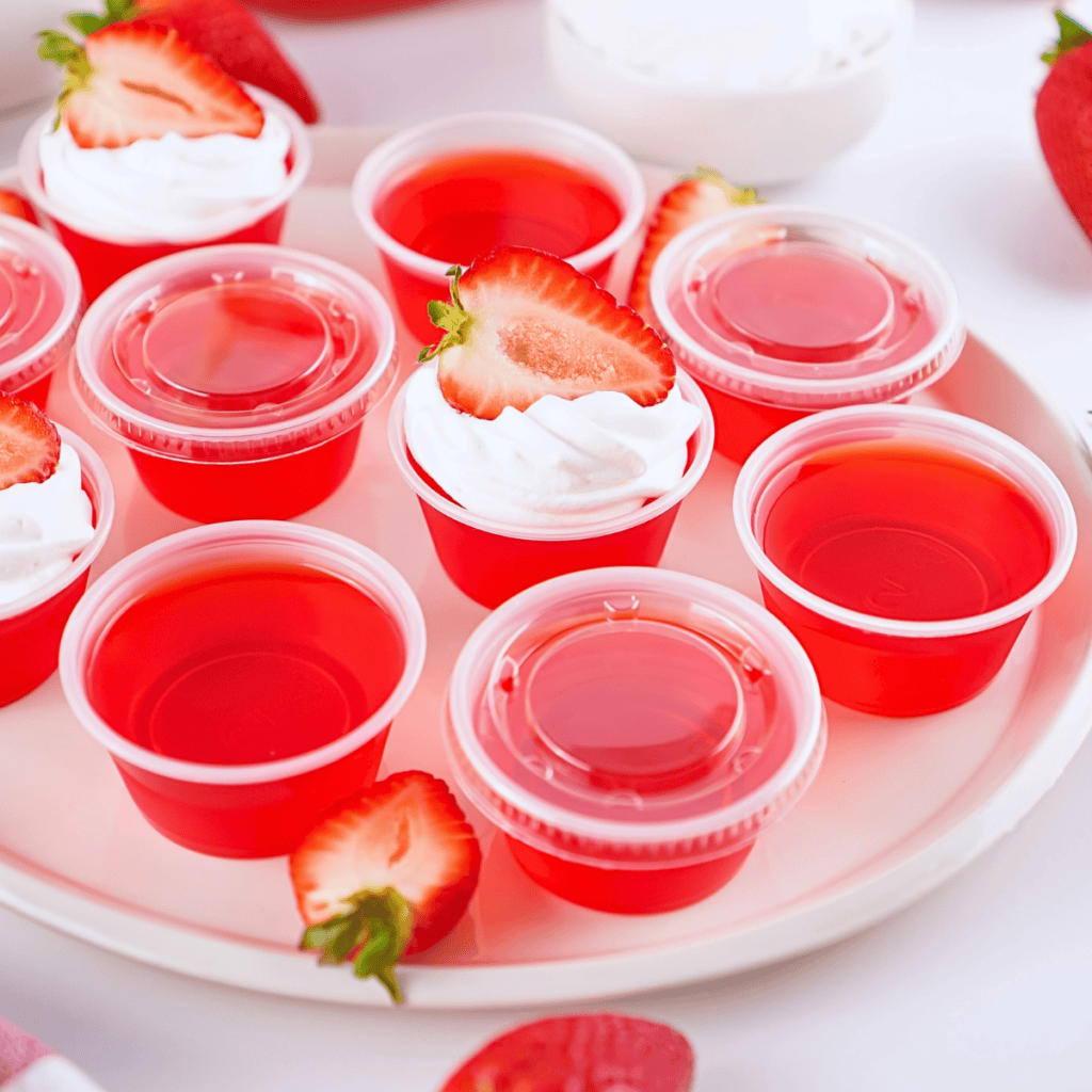 Small plastic cups of red gelatin, some topped with whipped cream and berries.