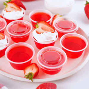 Small plastic cups of red gelatin, some topped with whipped cream and berries.