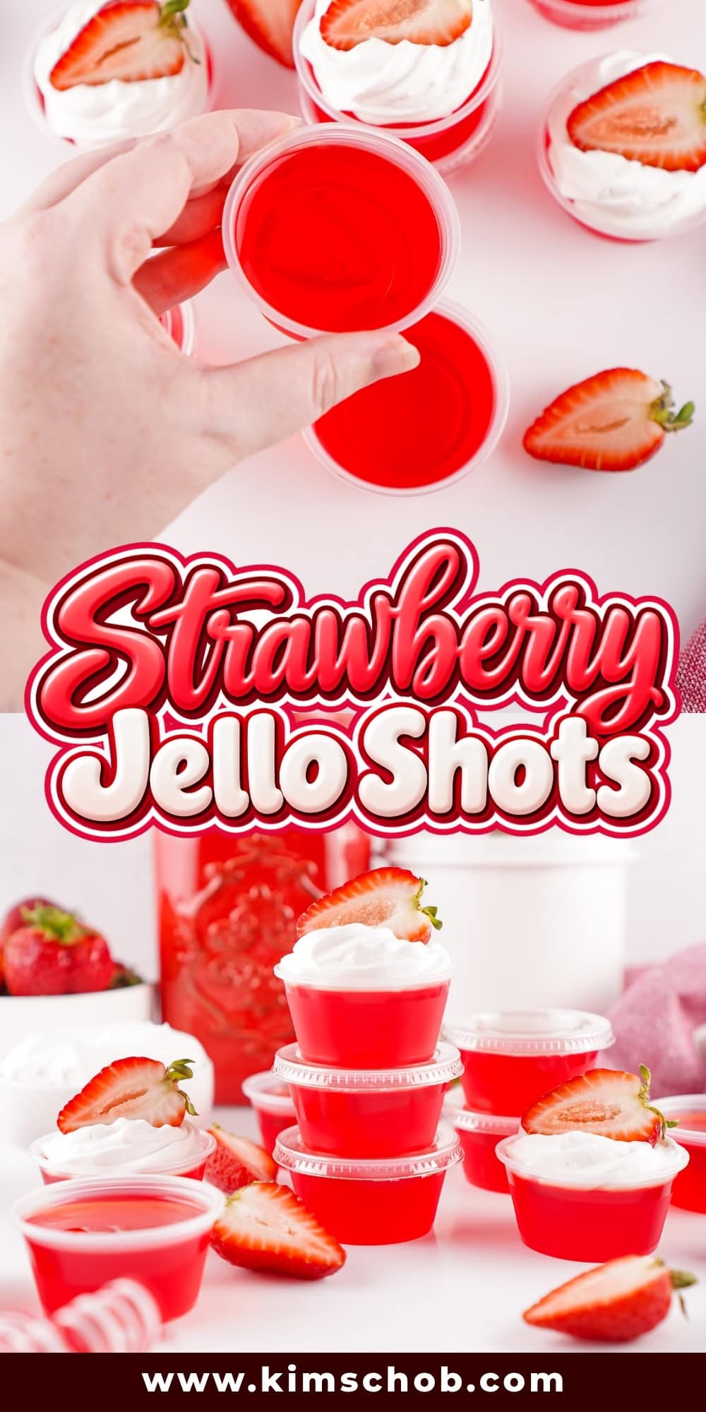 Strawberry Jello shots topped with whipped cream and fresh strawberry slices.