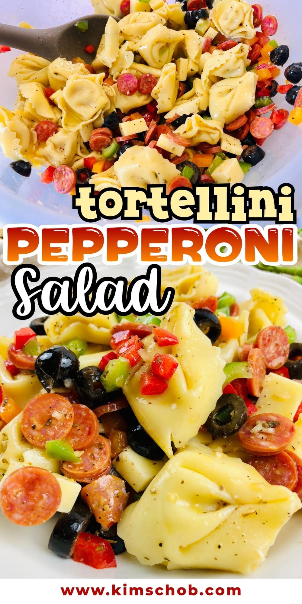 Tortellini pepperoni salad with olives, peppers, and Italian dressing.