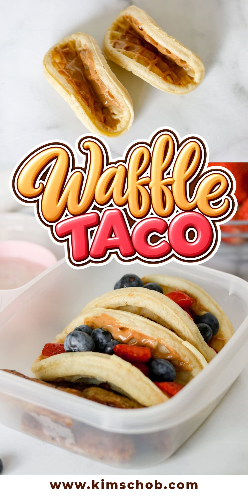Waffles folded as tacos, filled with peanut butter, berries, and syrup.